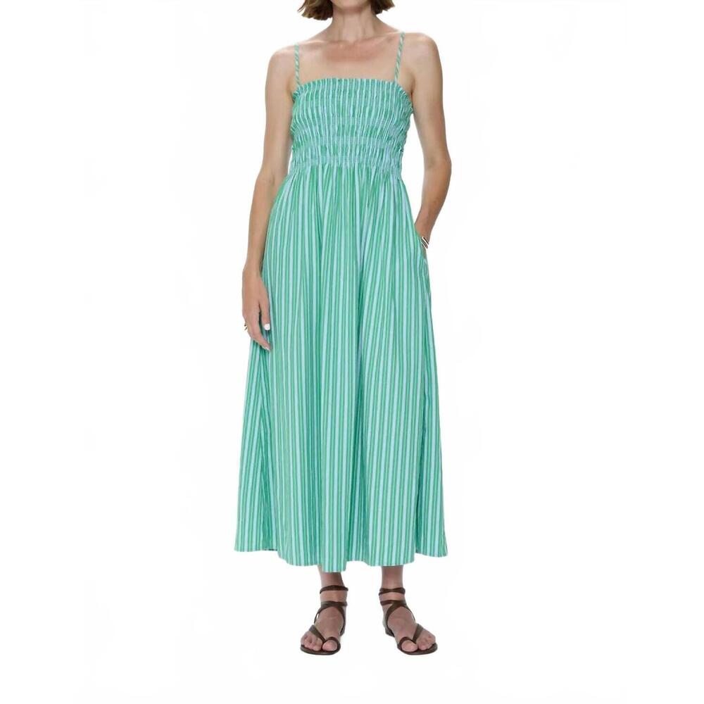 NEW PISTOLA bianca shirred bodice dress in green/blue stripe